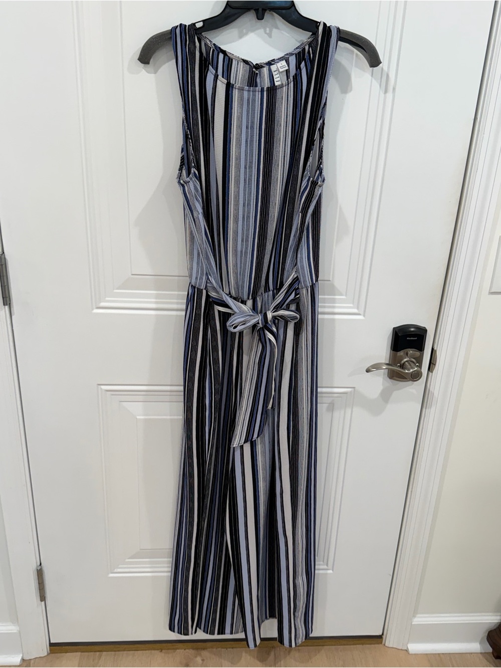 Elle Sleeveless Striped Jumpsuit in Navy, White, and Gray